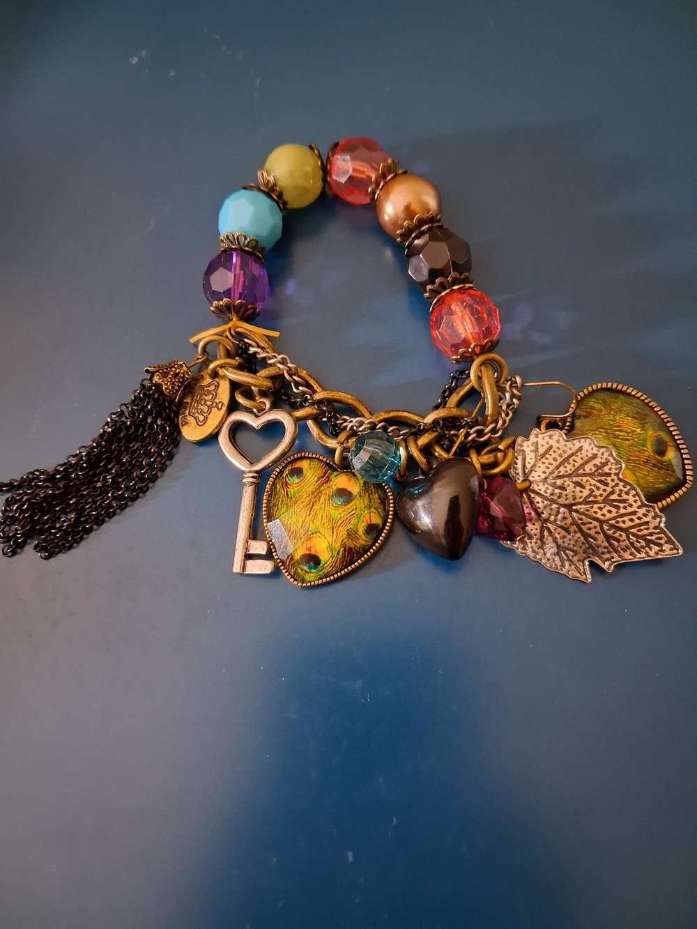 Tutti Frutti Signed Boho Charm Bracelet with Heart Key and Leaf Charms